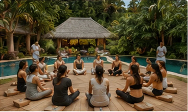 Wellness retreat circle beside tropical pool in Bali